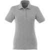 A women's short sleeve polo shirt in a light grey colour, featuring a collar and buttons. It has a logo.