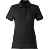 A black women's short sleeve polo shirt featuring a collar and a button placket, with a logo.