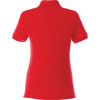 A red women's short sleeve polo shirt featuring a collar and a logo on the back.