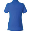 A bright blue women's polo shirt featuring a collared neckline and short sleeves, with a branding logo on the back.