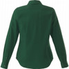 A green women's button-up shirt with a collar and long sleeves, featuring a logo on the back.