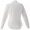 A white women's button-up shirt with long sleeves and a smooth finish, featuring a logo on the back.
