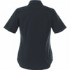 A short sleeve women's button-up shirt in dark colour featuring a back view with a collar. Includes a logo.