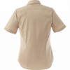 A beige short sleeve button-up shirt for women, featuring a back view design and a logo at the back.