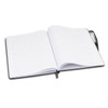 A large black hardcover notebook with blank lined pages, open to display the interior.