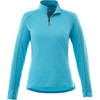 A women's quarter zip jumper in a vibrant turquoise blue, featuring long sleeves and a zippered collar.