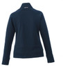 A women's knit jacket in navy blue with a high collar and long sleeves. It has a logo on the back.
