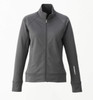 A women's jacket in dark grey featuring a zip front. The design includes a standing collar and a logo.