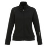 A women's black knit jacket with a high collar and zip front, featuring side pockets and a logo.