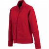 A red women's knit jacket with a zip front and two side pockets, featuring a high collar and long sleeves.