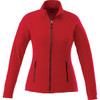 A red women's polyfleece jacket featuring a zip front and two side pockets, with a logo on the chest.