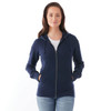 A women's navy fleece zip hoody featuring a hood, front pockets, and a branding logo.
