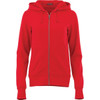 A red fleece zip hoody for women, featuring a front zipper and a hood, with a logo on the garment.