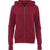 A women's zip-up hoodie in a deep red colour, featuring a hood and pockets, with a branding logo.