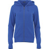 A women's zip-up hoodie in a vibrant blue colour, featuring a hood and front pockets. It has a branding logo.