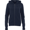 A women's navy fleece zip hoodie featuring a front zip, kangaroo pockets, and a hood. Includes a logo.