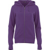 A women's purple fleece zip hoody with a front zipper and a hood, featuring pockets and a logo.