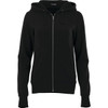 A women's black fleece zip hoodie featuring a front zipper and two pockets. It has a hood and ribbed cuffs.