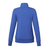 A blue women's polar fleece jacket with a full zip and high collar. The back view highlights its simple design.