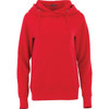 A red women's fleece hoody featuring a front pocket and an adjustable hood. The design includes a logo.