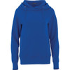 A women's blue fleece hoody featuring a hood, a kangaroo pocket, and a branding logo.