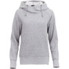 A women's grey fleece hoody featuring a drawstring hood and front pocket, with a subtle logo.