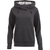 A women's grey fleece hoody featuring a large hood and front pouch pockets. It has a logo on it.