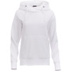 A white women's hoodie with a front pocket, drawstrings, and a hood, featuring a branded logo.