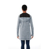 A woman’s light grey and black knit zip hoody, featuring a back view with a hood and long sleeves.