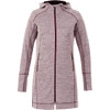 A women's hoodie in a maroon and grey flecked design with a zip front and hood, featuring side pockets.