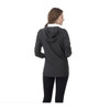 A women's jacket in dark grey with a hood, featuring a logo on the sleeve.