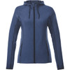 A women's jacket in navy blue, featuring a zip front, hood, and pockets, with a logo in the design.