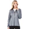 A grey women's half zip jacket with a smooth finish and a branding logo on the chest.