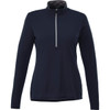 A navy women's half zip jacket featuring long sleeves and a zippered front, with a branding logo on the garment.