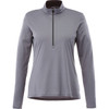 A grey women's half zip jacket with long sleeves and a zippered collar, featuring a logo on the chest.