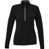 A black women's half-zip jacket with long sleeves, featuring a zippered collar and a branding logo.