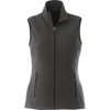 A women's sleeveless vest in dark grey fleece, featuring a high collar and front zip with two side pockets.