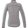 A women's grey knit jacket with a high collar and fitted design, featuring seam detailing and a logo.