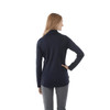 A navy knitted jumper with a half zip design, featuring a collar and long sleeves.
