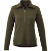 A knitted women's jumper in olive green with a half zip and long sleeves. It features a branding logo.