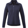A navy knitted half zip jumper for women with long sleeves and a collar, featuring a logo.