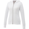 A white women's full zip hoody featuring a hood and front pockets, with a logo on it.