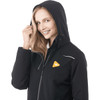 A women's black fleece-lined jacket with a hood and a logo on the chest.