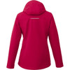 A women's fleece lined jacket in vibrant red, featuring a hood and a discreet logo on the back.