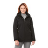 A women’s softshell jacket in black with a hood, featuring a zip front and two side pockets. It has a logo.