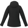 A black insulated softshell jacket for women featuring a hood and a sleek design, with a logo on the back.