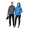 A grey and blue softshell jacket for women, featuring a logo, displayed on a model.