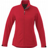 A red women's softshell jacket with a zip front, side pockets, and a collar. It features a logo on the chest.