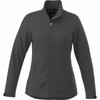 A women's softshell jacket in dark grey, featuring a zip front and a high collar, with logo branding.