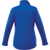 A blue women's softshell jacket with a high collar and a fitted design. It features stitching details and has a logo.